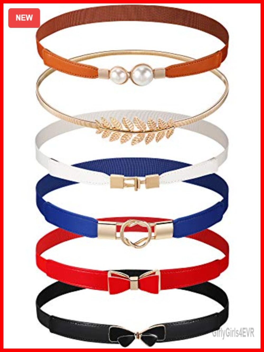 6 Pack Women Skinny Elastic Waist Belts Metal Buckle Thin Stretch Dress Belt